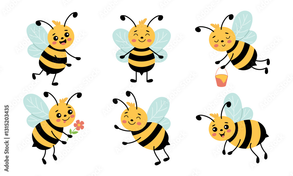 Obraz premium Collection of cute bees flying and collecting honey. Vector illustrations