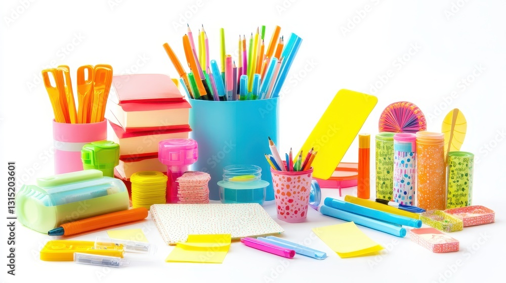 Fototapeta premium A collection of study guides, highlighters, and sticky notes on a white isolated background