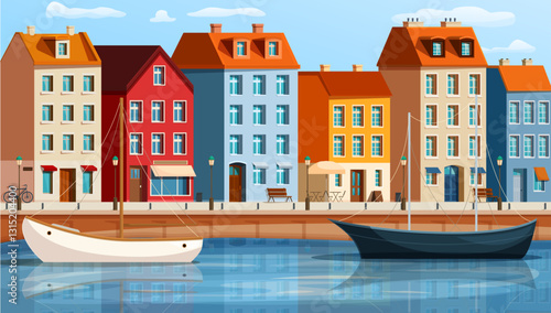 cartoon city embankment with yachts and street, vector illustration