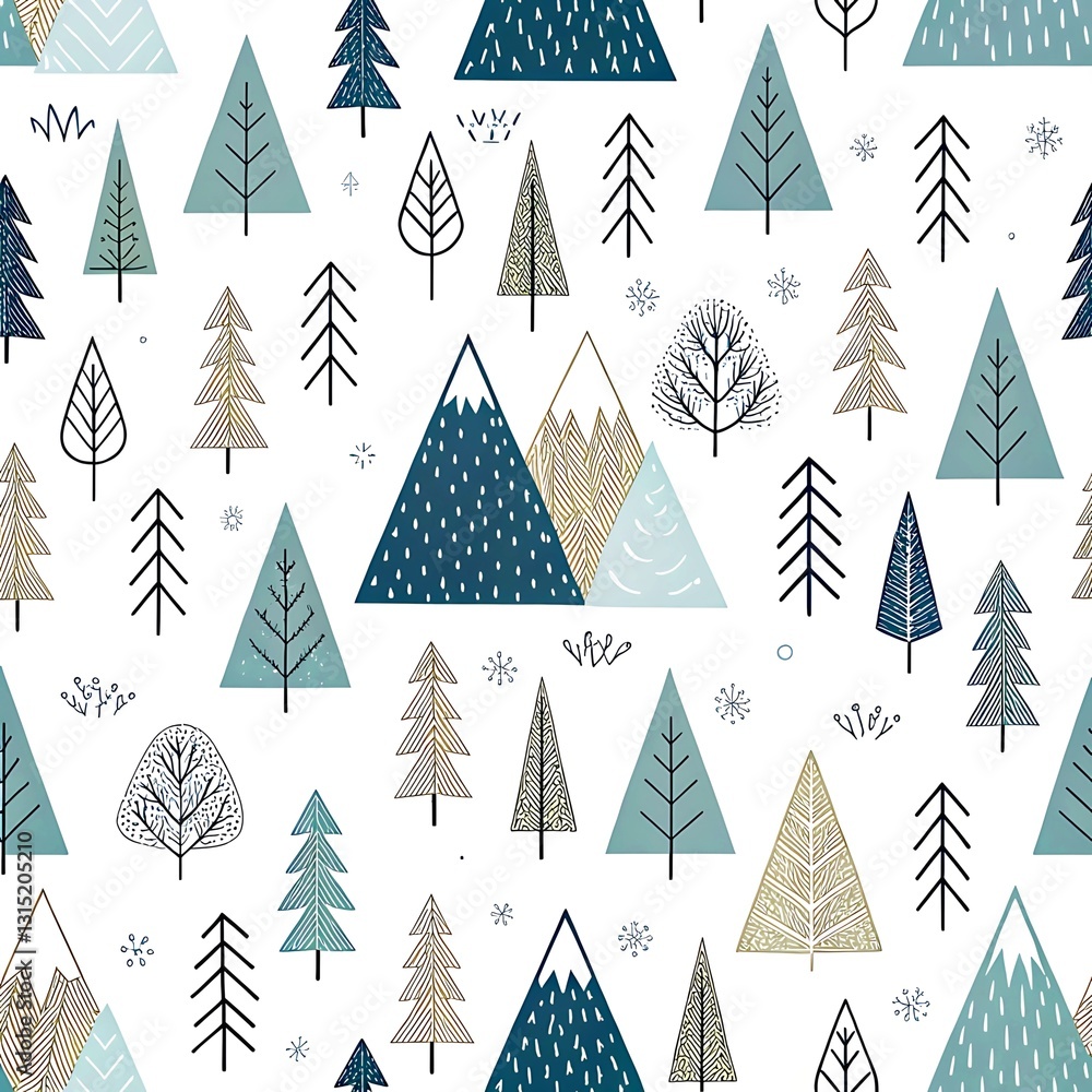 Winter wonderland seamless pattern teal trees mountains snowflakes design art blue gold cute card Winter wonderland seamless pattern teal trees mountains snowflakes design art blue gold cute card