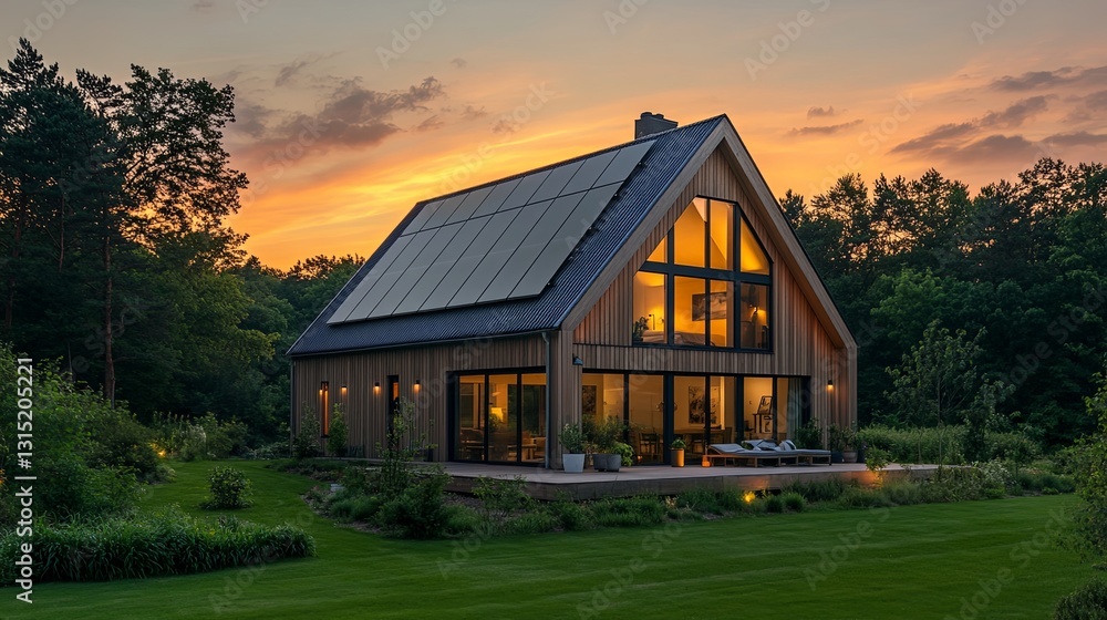 Sustainable modern home with solar panels surrounded by lush greenery at sunset Sustainable modern home with solar panels surrounded by lush greenery at sunset