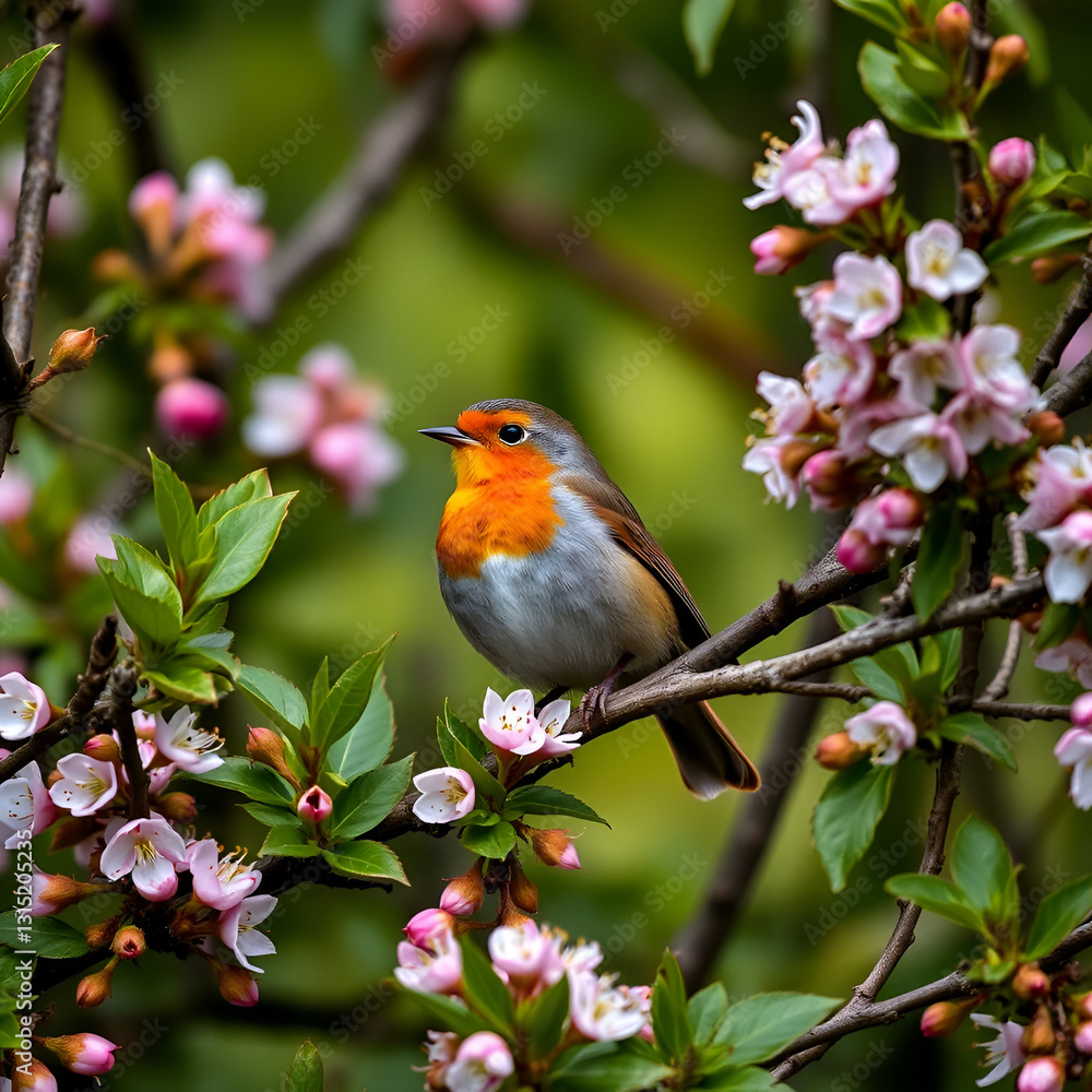Robin sitting in a hawthorn hedge with blossom in spring, UK Robin sitting in a hawthorn hedge with blossom in spring, UK