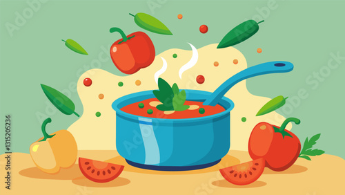 The vibrant colors of freshly chopped tomatoes bell peppers and cilantro being added to a pot of rice and beans infusing it with freshness and flavor.. Vector illustration
