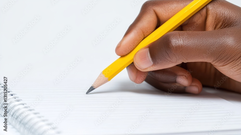 A close-up of a student writing notes with a pencil on a lined notebook on a white isolated background A close-up of a student writing notes with a pencil on a lined notebook on a white isolated background