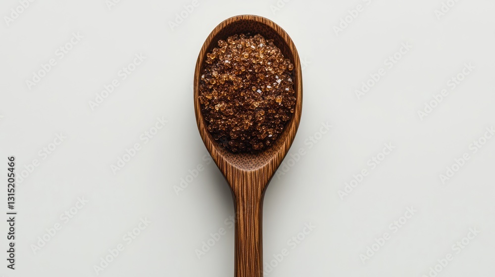 Brown sugar crystals in a wooden spoon on white background. Brown sugar crystals in a wooden spoon on white background.