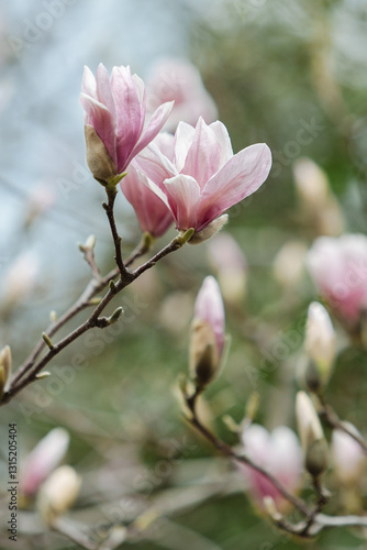 Pink magnolia blossoms bloom on branches during early spring at tranquil garden