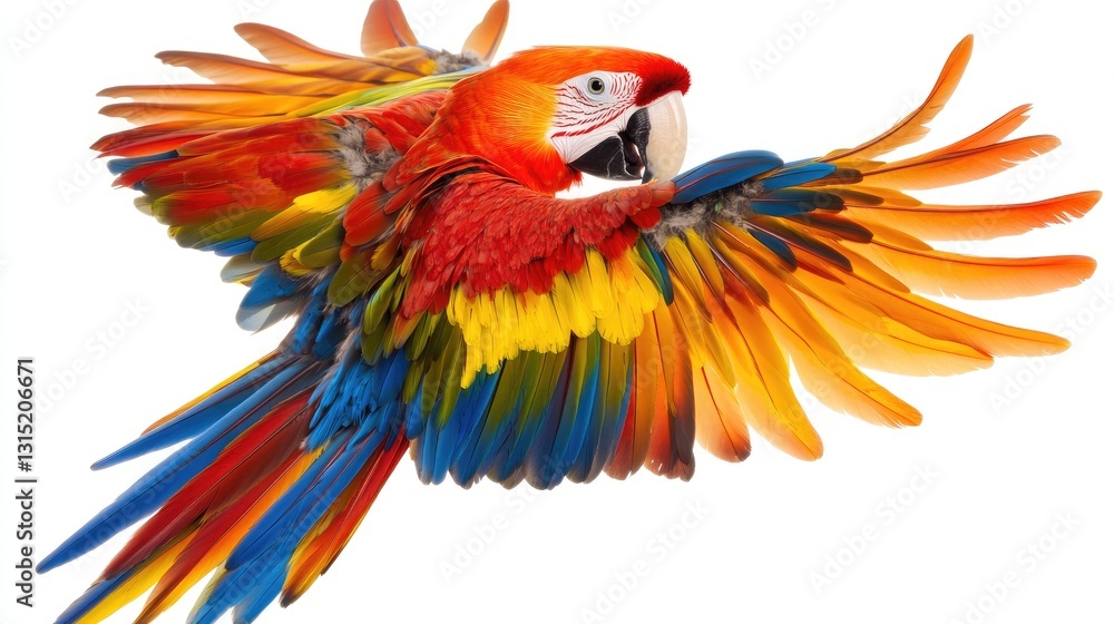 Fototapeta premium Vibrant Parrot Soaring Mid-Flight with Colorful Feathers on White Background