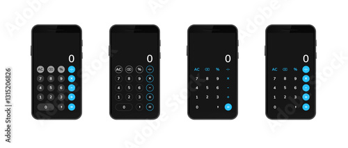Display of smartphone calculators showing unique key layouts and color contrasts for various functions.