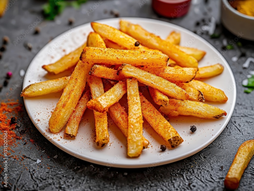 Tasty baked fries served on a stylish white plate ideal for healthy snacking and casual dining experiences Tasty baked fries served on a stylish white plate ideal for healthy snacking and casual dining experiences