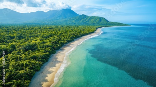 Fototapeta Naklejka Na Ścianę i Meble -  Tropical coast scene. Mountains and green forest meet sandy beach. Clear water of ocean and bright blue sky. Peaceful landscape.
