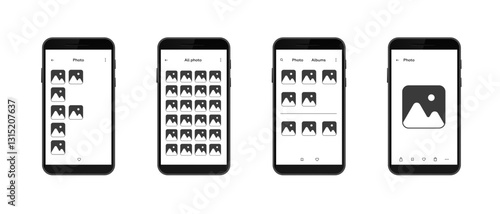 Four smartphone screens showcasing unique photo gallery layouts on a mobile interface.