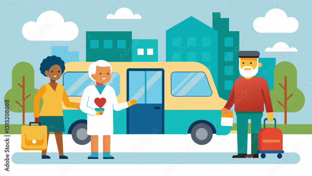 An affordable and accessible public transportation service specifically for seniors offering doortodoor pickup and dropoff for medical appointments errands and social outings.. Vector illustration An affordable and accessible public transportation service specifically for seniors offering doortodoor pickup and dropoff for medical appointments errands and social outings.. Vector illustration