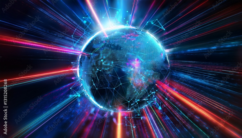 Obraz premium a digital representation of planet earth surrounded by dynamic lines and connections, symbolizing global communication and technological advancements.