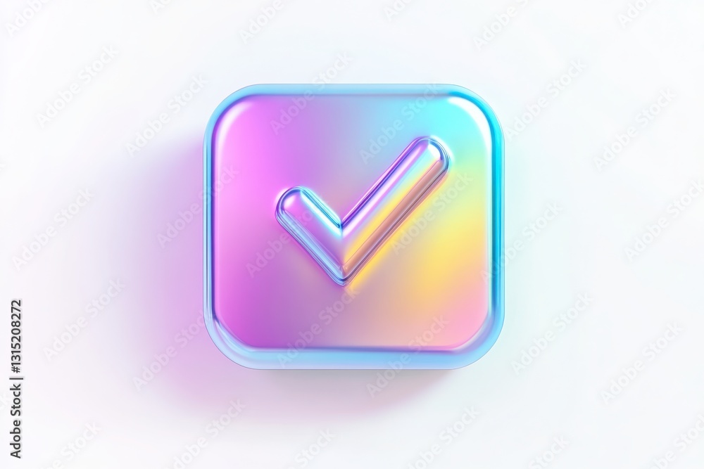 A glossy iridescent square button with a checkmark symbol in the center set against a white background serves as a visually striking and intuitive element for confirming actions A glossy iridescent square button with a checkmark symbol in the center set against a white background serves as a visually striking and intuitive element for confirming actions