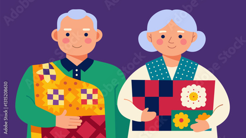 An elderly couple showcasing their impressive collection of handmade quilts each one a stunning display of intricate patterns and vibrant colors.. Vector illustration