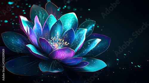 Iridescent digital bloom pulses with violet and teal neon veins floating in a starry black void blending natures grace with a futuristic cyber glow. Radiant - Temple. Illustration photo