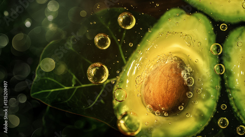 Fresh avocado with oil droplets and green leaves