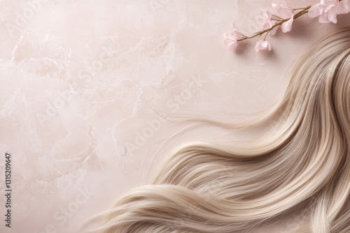 Beautiful long blonde hair styled elegantly with delicate pink flowers on a soft neutral background