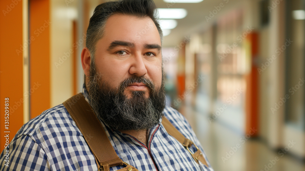 Obraz premium Bearded man in checkered shirt and suspenders in hallway
