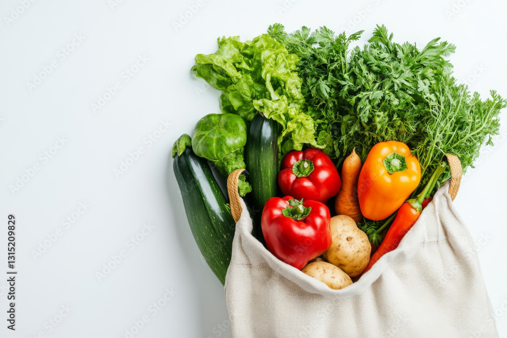 Fresh organic vegetables gathered in a reusable bag ready for cooking or meal prep Fresh organic vegetables gathered in a reusable bag ready for cooking or meal prep
