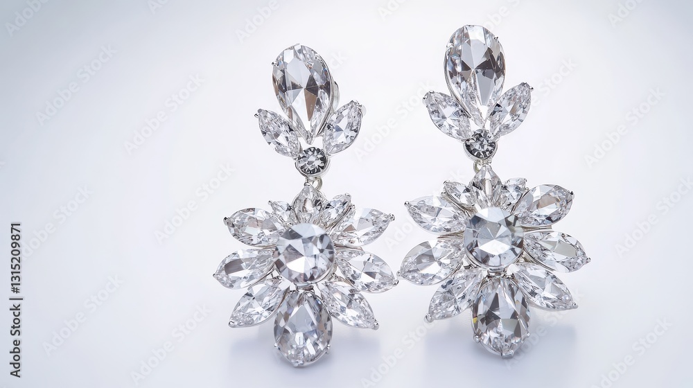 A set of elegant crystal earrings with a shimmering effect on a white isolated background A set of elegant crystal earrings with a shimmering effect on a white isolated background