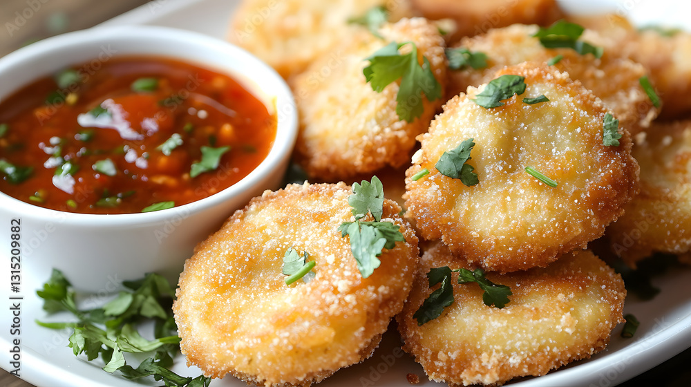Golden fried ravioli with a ricotta and spinach filling, served with a refreshing cucumber and dill dipping sauce. Golden fried ravioli with a ricotta and spinach filling, served with a refreshing cucumber and dill dipping sauce.