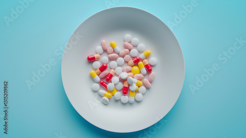 Plate of assorted pills and capsules on blue background