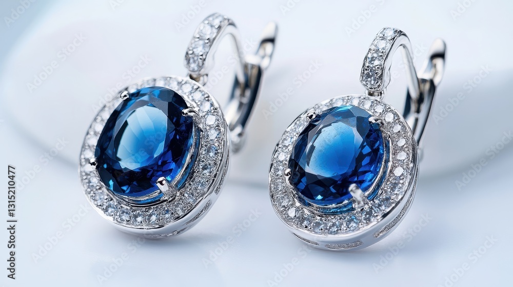 A set of luxury sapphire earrings with a white gold setting on a white isolated background A set of luxury sapphire earrings with a white gold setting on a white isolated background