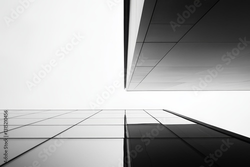 Abstract low-angle black and white shot of modern glass buildings meeting at a point against a bright sky.