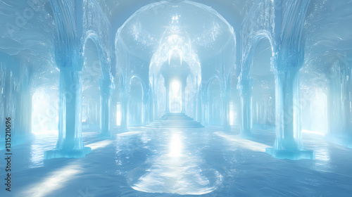 Stunning ice palace with intricate architectural details and ethereal light beams, capturing a magical frozen wonderland scene in winter. Radiant - Temple. Illustration