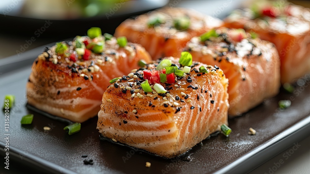 Delicious salmon bites with sesame seeds and green onions served on a black plate at a modern restaurant Delicious salmon bites with sesame seeds and green onions served on a black plate at a modern restaurant