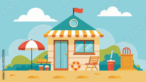 In a small beach town the local community center has a small section dedicated to a shared tool library. Residents can borrow beach chairs umbrellas and toys for a day at the beach. Vector