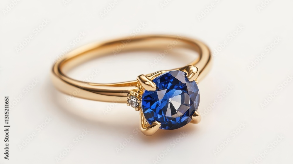 A close-up of an elegant sapphire ring with a gold band on a white isolated background A close-up of an elegant sapphire ring with a gold band on a white isolated background