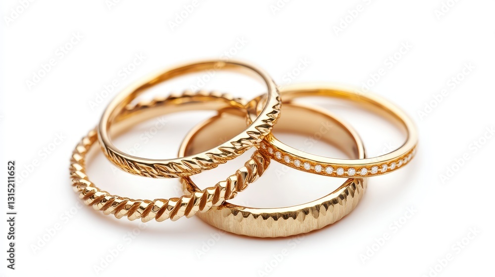 A set of stacked gold rings with minimalistic designs on a white isolated background A set of stacked gold rings with minimalistic designs on a white isolated background