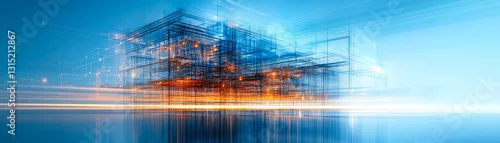 Fototapeta Abstract architectural design with futuristic industrial facility blueprint concept in vibrant digital rendering