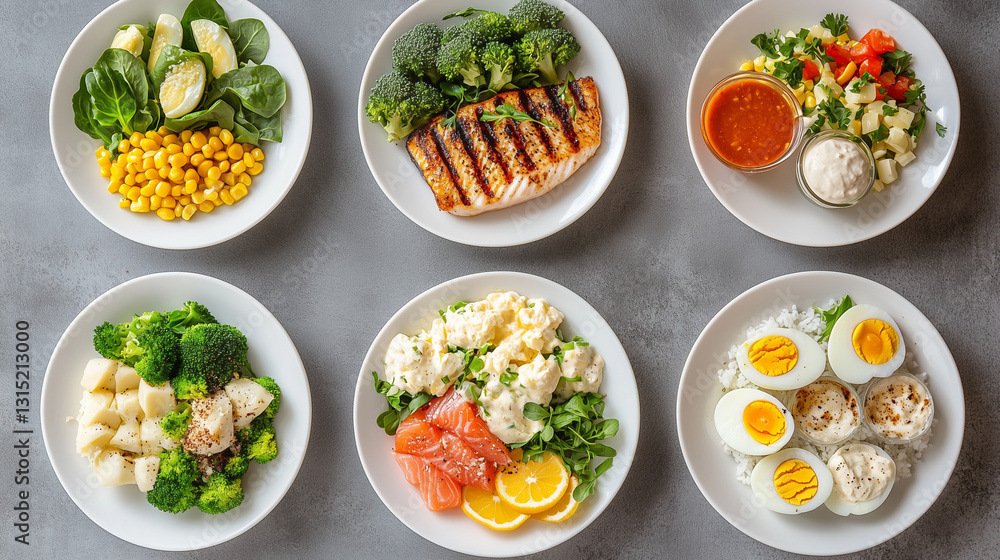 Collection of six plates of healthy meals Collection of six plates of healthy meals