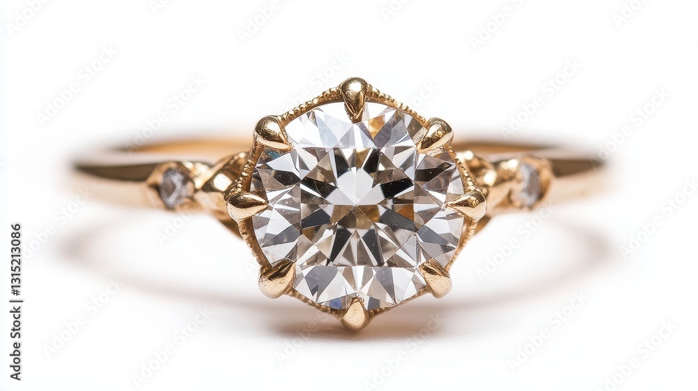 A close-up of a diamond ring with a vintage setting on a white isolated background A close-up of a diamond ring with a vintage setting on a white isolated background