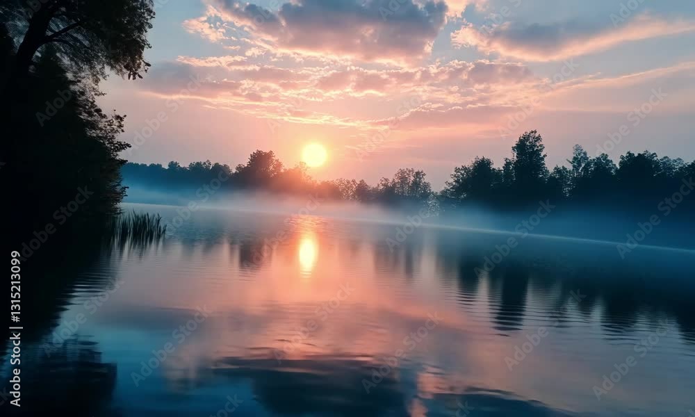 Serene sunset over a tranquil lake with misty reflections and silhouettes of trees in the background Serene sunset over a tranquil lake with misty reflections and silhouettes of trees in the background