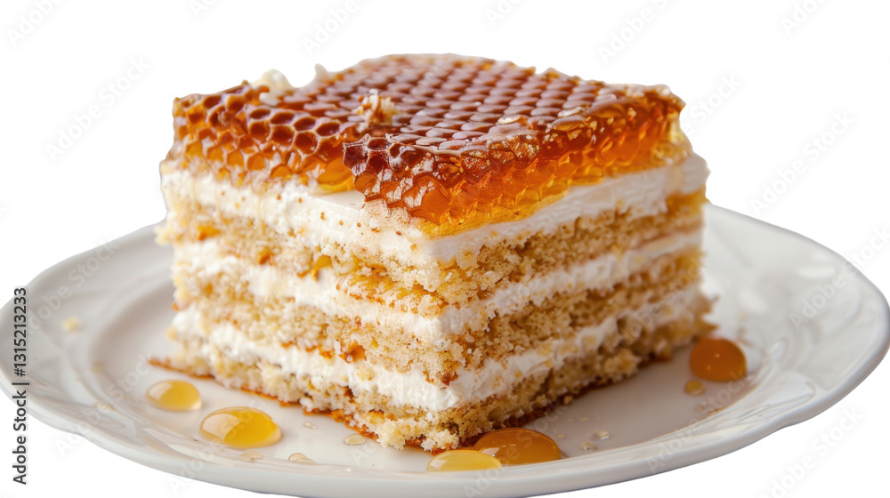 Honey cake layered with cream and honeycomb on transparent background Honey cake layered with cream and honeycomb on transparent background