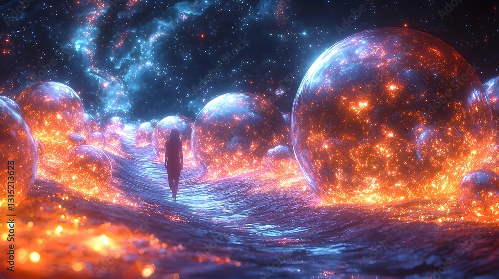Obraz premium Glowing Orbs Amid Mist in a Shattered Galaxy Landscape