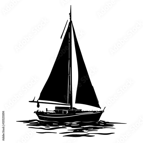 An illustration featuring a black sailboat silhouette set against a clean white background showing a detailed sailboat with sails unfurled and mast.