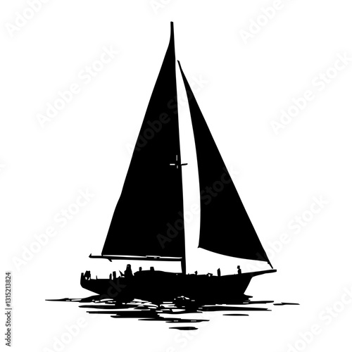 An illustration featuring a black sailboat silhouette set against a clean white background showing a detailed sailboat with sails unfurled and mast.