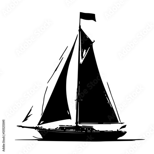 An illustration featuring a black sailboat silhouette set against a clean white background showing a detailed sailboat with sails unfurled and mast.