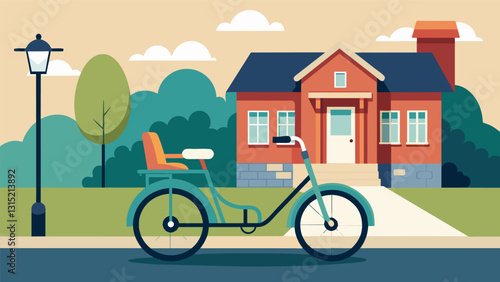 A trishaw bike parked outside a retirement home waiting to take the residents on a fun and scenic ride through the neighborhood.. Vector illustration