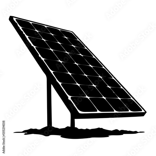 An illustration featuring a black solar panel silhouette set against a clean white background showing a panel with detailed grid lines and mounting.