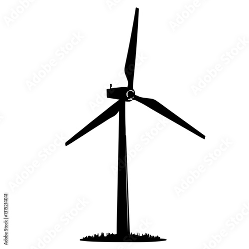 An illustration featuring a black wind turbine silhouette set against a clean white background depicting a turbine with detailed blades and tower.