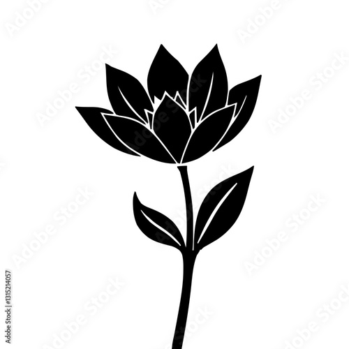 An illustration featuring a black flower silhouette set against a clean white background depicting a blooming flower with detailed petals and stem.