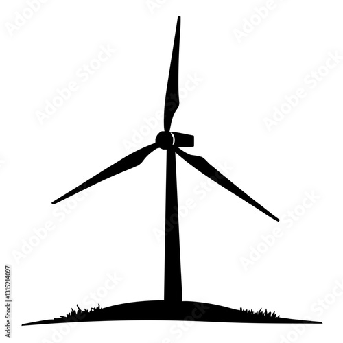 An illustration featuring a black wind turbine silhouette set against a clean white background depicting a turbine with detailed blades and tower.