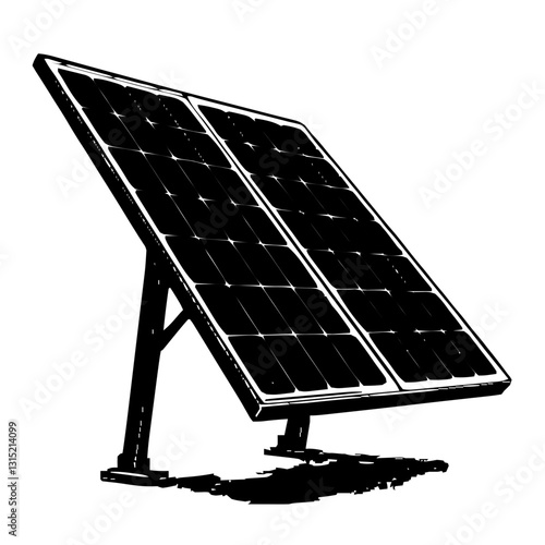 An illustration featuring a black solar panel silhouette set against a clean white background showing a panel with detailed grid lines and mounting.