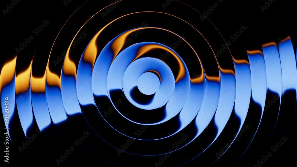 Looping 3D animation. Abstract minimalist background of flat discs with reflection. Blue and yellow gradient transforms and changes colors inside the round geometric shapes